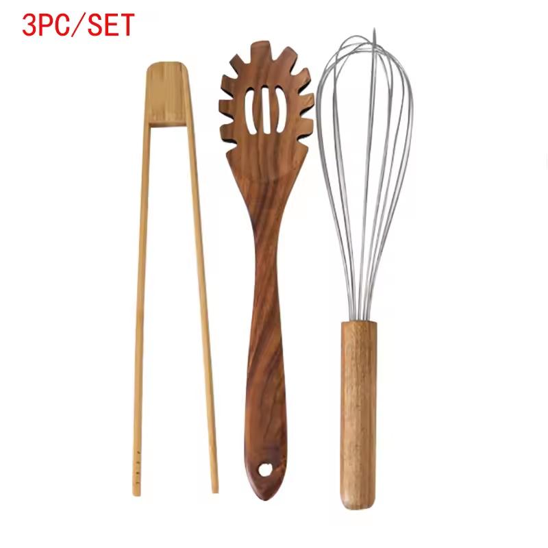 High-Quality Teak Wood Kitchenware, Food Grade Wooden Spatula, Spoon & Salad Fork (as the picture,3 Pieces/Set)