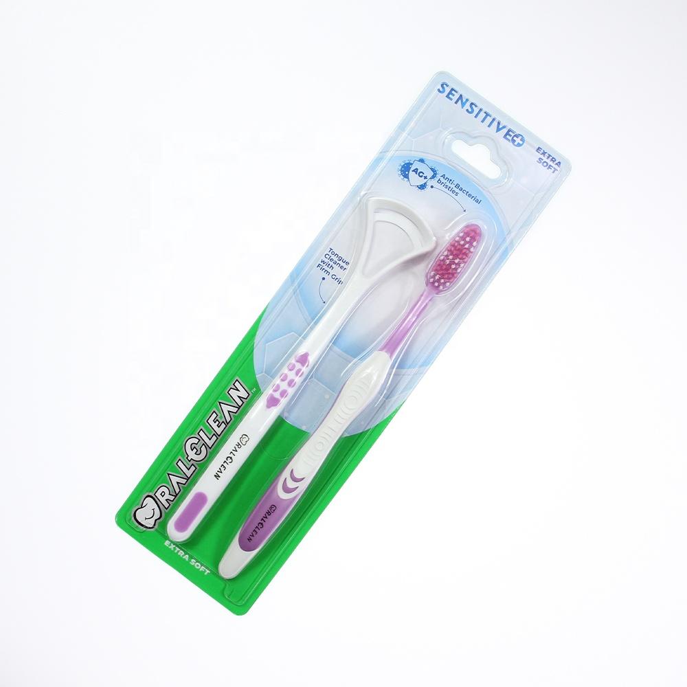 High Quality Hot Selling Dental Care Oral Clean Kit Blister Card Package Toothbrush and Tongue Cleaner for Adult розовый