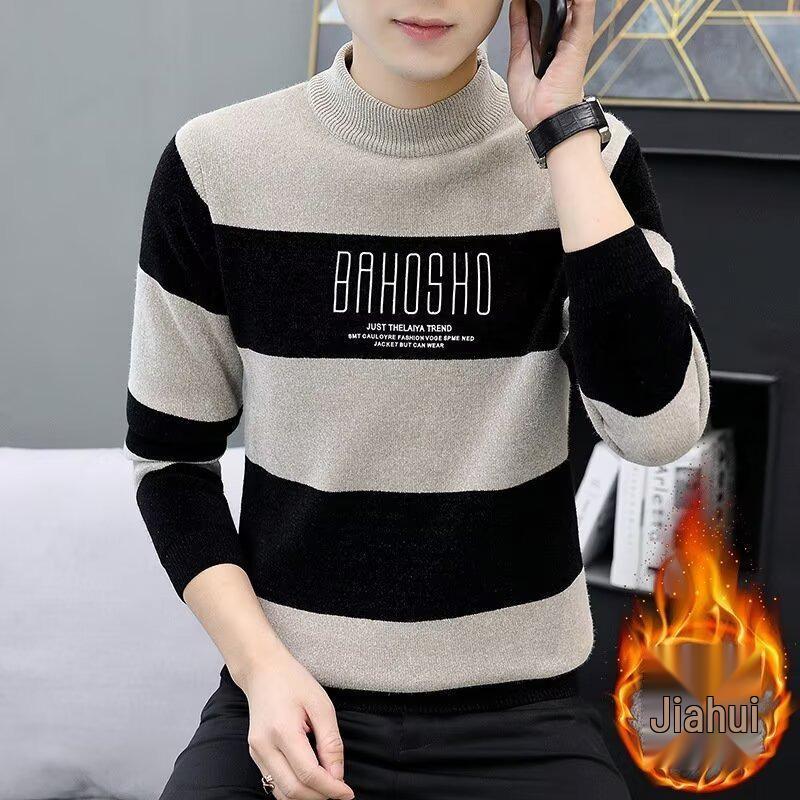 Men's Velvet Half-High Collar Sweater - Thickened, Warm, Autumn/Winter Base Layer Top