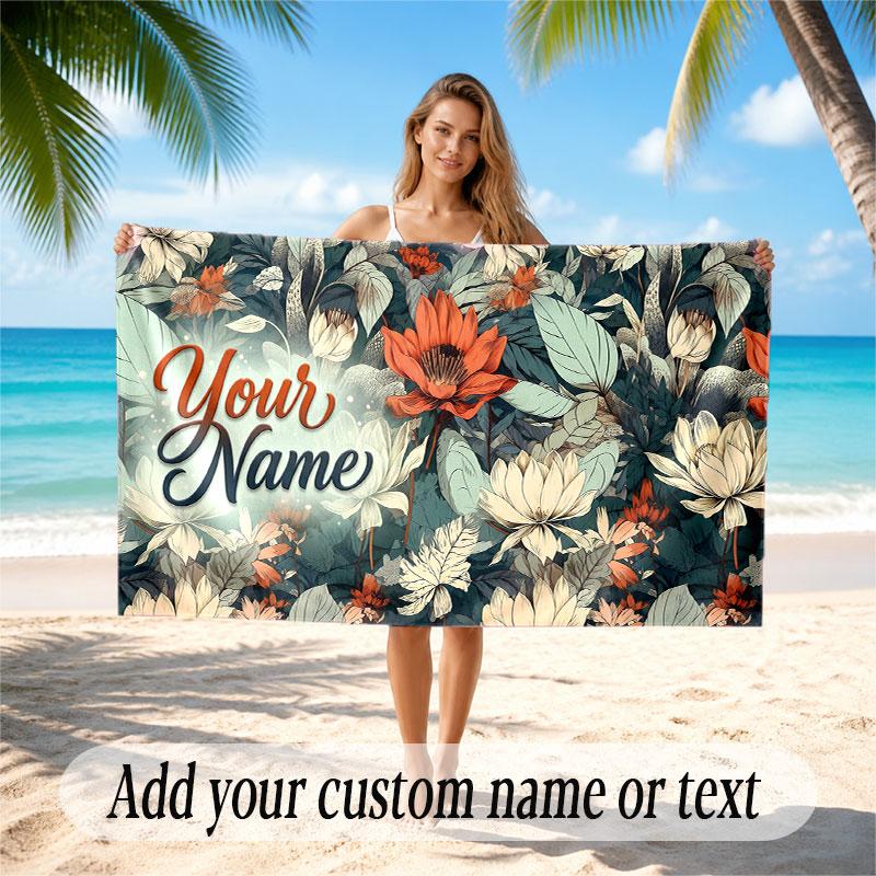 Floral Garden Theme Soft Beach Towel Personalized Custom Name Text Towel Portable for Beach Pool Travel