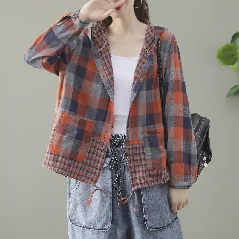 Women's Retro Plaid Hooded Cardigan Shirt