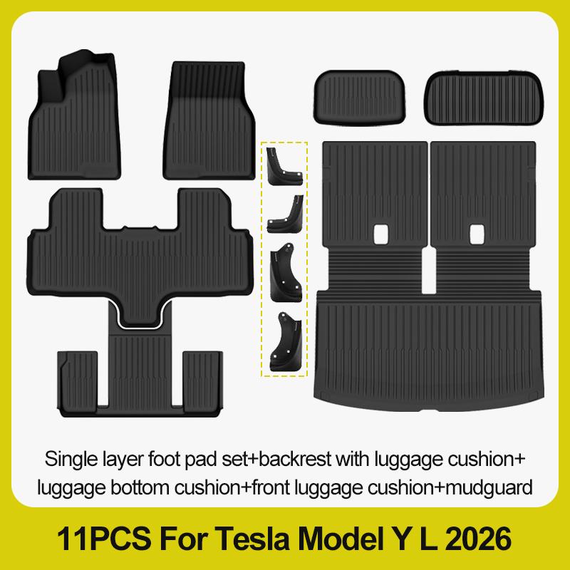 Tapis de sol 6 places pour Tesla Model Y L 2026+, tapis de coffre TPE 3 rangées, housse de siège arrière, doublure de coffre avant, plateau de