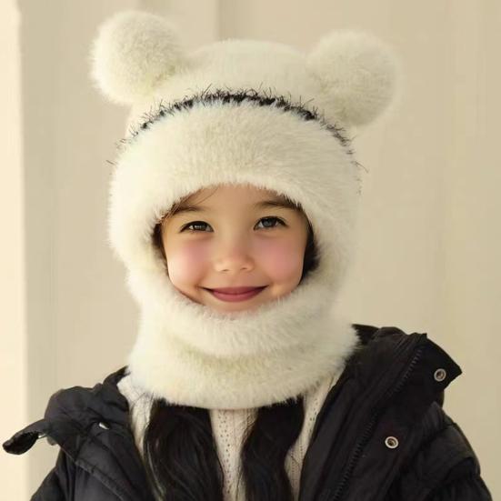Children Hat with Face Guard Double Plush Ball Decor Solid Color Windproof Ear Protection Baby Hat Woolen Knitted Hat