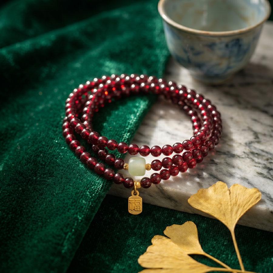 Natürliches Granat 3-Schleifen Wickelarmband & Halskette, Weinroter Heilkristall "Stein der Frauen", Östliches Glücksamulett Schmuck für Frauen