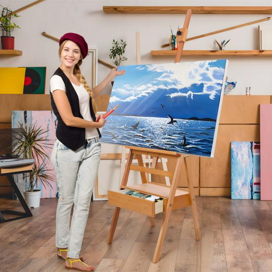 H Frame Easel, French Easel with Drawer, Solid Beech Wood Easel, Painting Canvas Holder Stand, Tilts Flat Artist Easel, Height Angle Adjustable