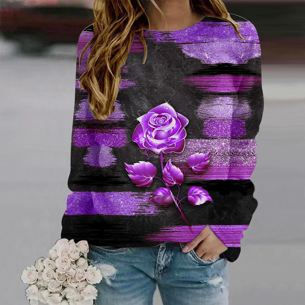

Осенняя женская мода с круглым вырезом и длинным рукавом, свободная одежда, футболка с принтом золотой розы для девочек, уличная одежда 8XL светло-фиолетовый