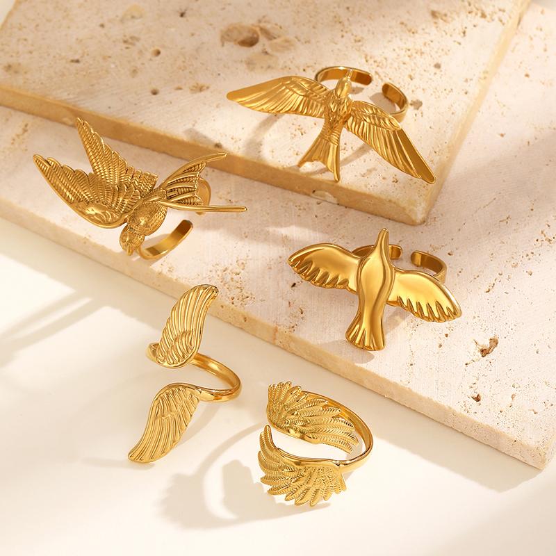 1pc New Minimalist 18K Gold Color Plated Angel Wings Peace Dove Wings Open Rings Trendy Waterproof Stainless Steel Jewelry