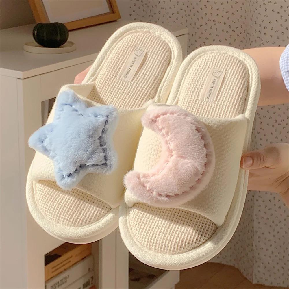 Panda Linen Slippers For Women Man Four Seasons Indoor Anti Slip Soft Sole Cute Stillness Floor Slipper For Couple
