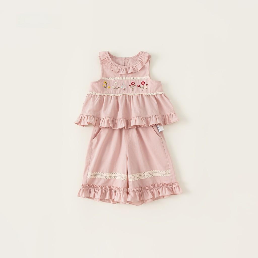 

Детский летний хлопковый костюм без рукавов с кружевными деталями для девочек 3-8 лет 90 розовый