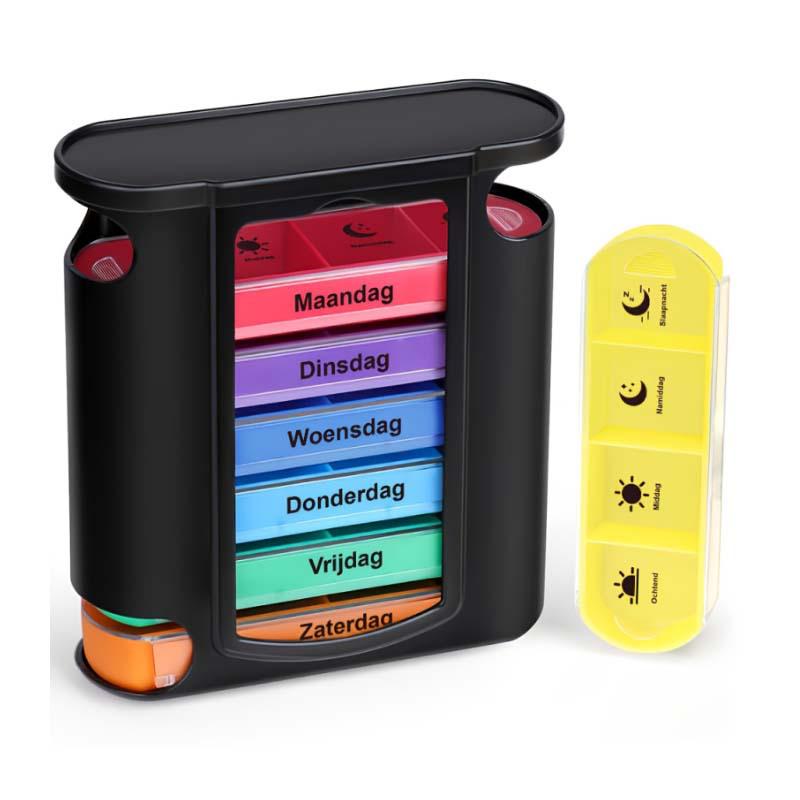 Weekly 28-Compartment Pill Organizer Box, Independent Drawers for Convenient Tablet Storage, PP Plastic.
