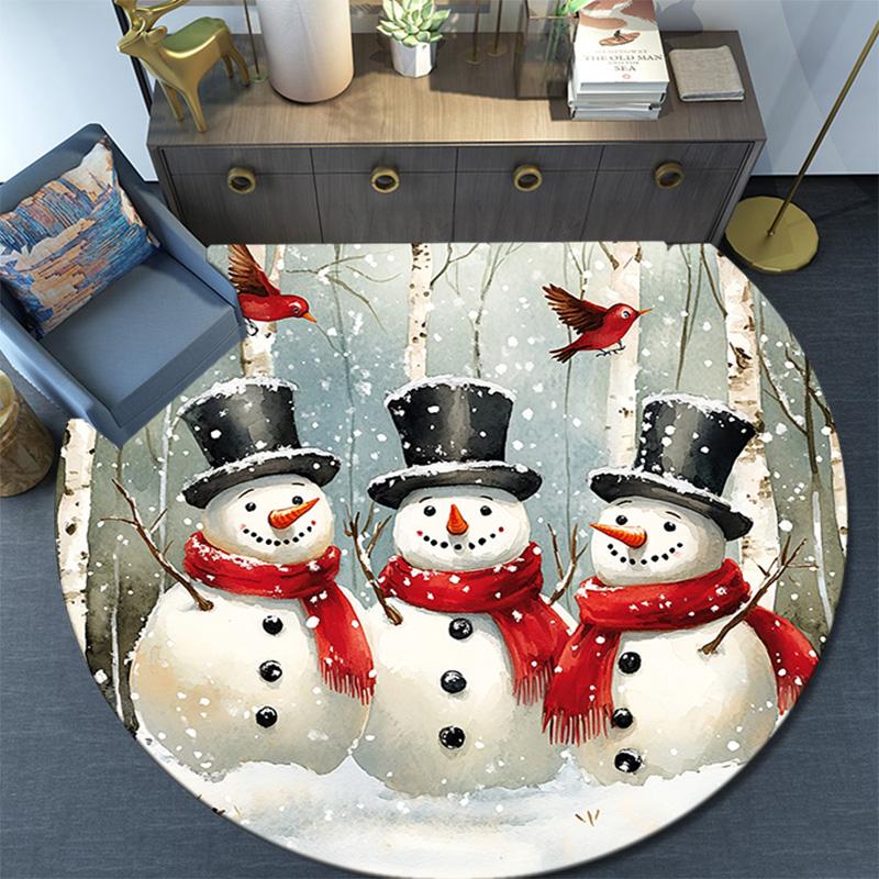 Forest Snowman Round Area Rug,Carpet Rug for Living Room Bedroom Sofa Playroom Decor,Non-slip Floor Mat