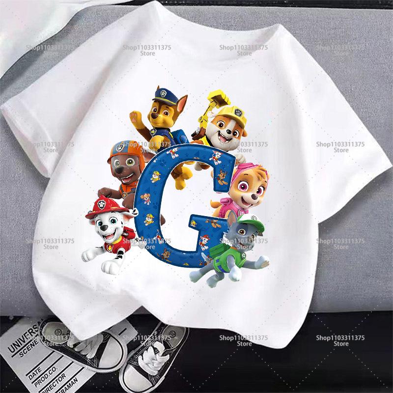 Cute PAW Patrol T-shirt Letter A-Z Boys Girls Clothes Short Sleeve Summer Cartoon Kids Birthday Toddler Cotton Outdoor Wear Gift