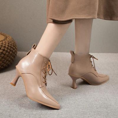 Fashion Lace-Up Leather Ankle Boots High Heels Autumn Winter Shoes Naked Botas Pointed Toe Apricot High Heels 2024 New Women's Boots