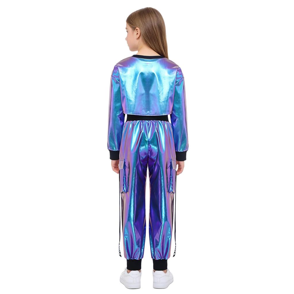 Girls Dance Clothing Set Glossy Metallic Workout Top and Pocket Pants Hip Hop Jazz Street Performance Outfit