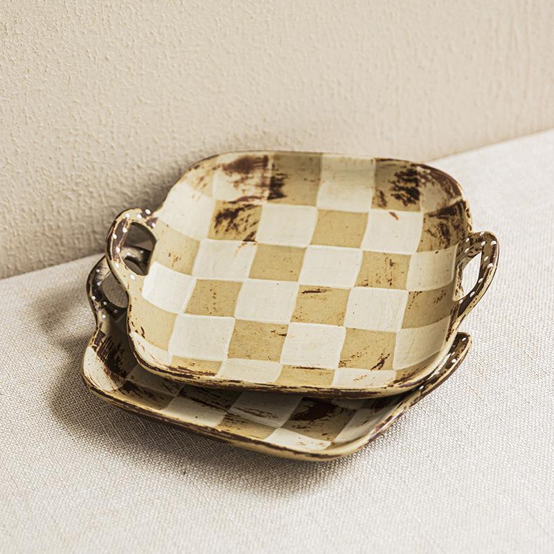Checkerboard Binaural Plate Coarse Pottery Plate Practical Portable Plate Minimalist Tableware Plate Household Vegetable Plate Salad Plate
