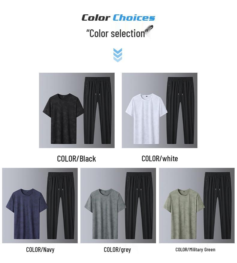 2026 Summer Ice Silk Quick-Dry Sports Casual Set: Round Neck T-Shirt & Straight Leg Pants
