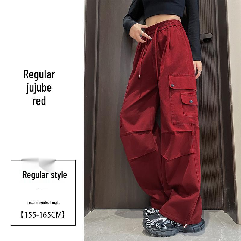 Damen High-Waist Retro Washed Baumwolle Cargohose, Lockeres Gerades Bein, Bodenlang, Aufgeschlagener Weiter Beinabschluss, Frühling Schlankmachender Stil.