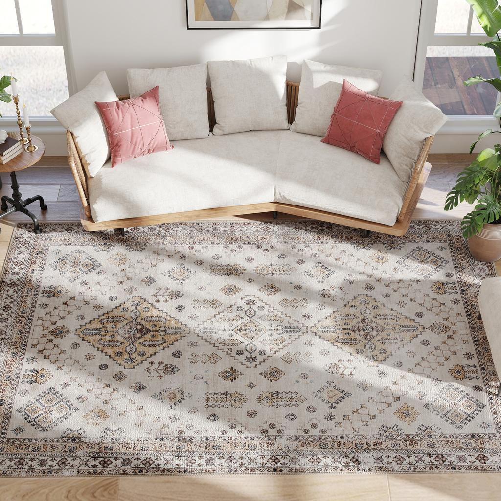 Vintage Area Rug, Non-Slip Washable Rug, Flannel Floor Carpet for Living Room, Bedroom, Dining Room, Home Office, 290 x 200 cm, Beige