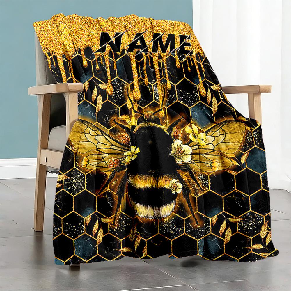 Bees Honey Personalized Text Blanket Throw Customizable Blanket Durable Comfort Suitable for Sofa Home Decor Couch Nap Four Seasons Multipurpose