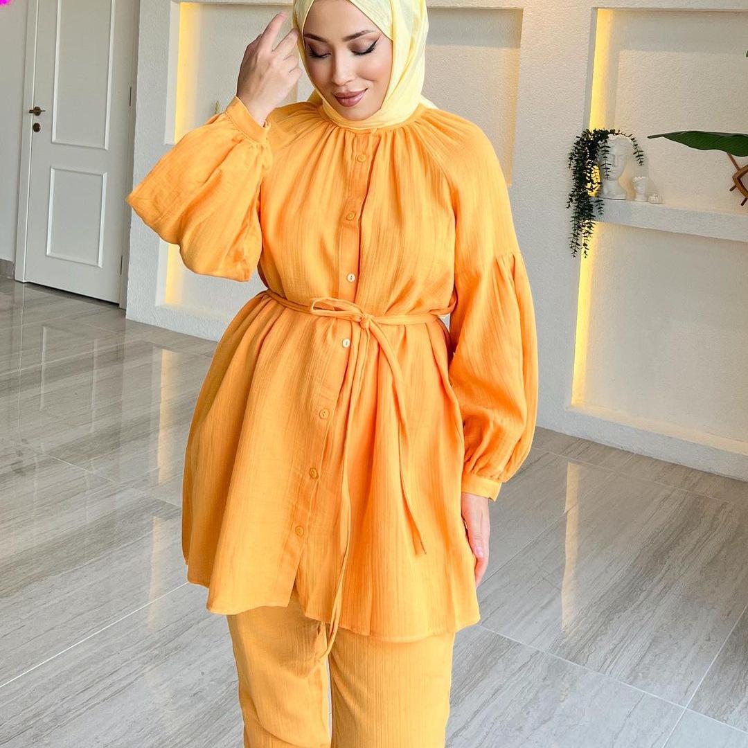 

Мусульманский арабский комплект одежды осень/зима 2024: Рубашка с длинным рукавом и брюки с рукавами-буфами XXL