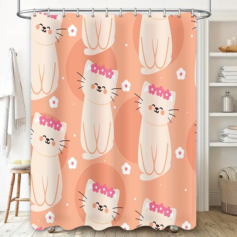 Adorable Cat Print Shower Curtain For Bathroom Decor Pink Floral Pattern High Quality Fabric Size: 72 X 84 Inches (180Cm X 210Cm