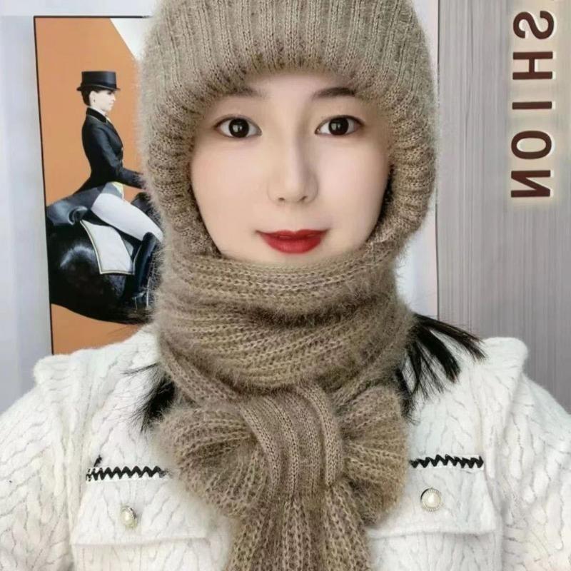 Scarf Integrated Hat Winter Women's New Scarf Hat Warm Knitted Headgear Plush Thickened Wool Hat Knitted Hat