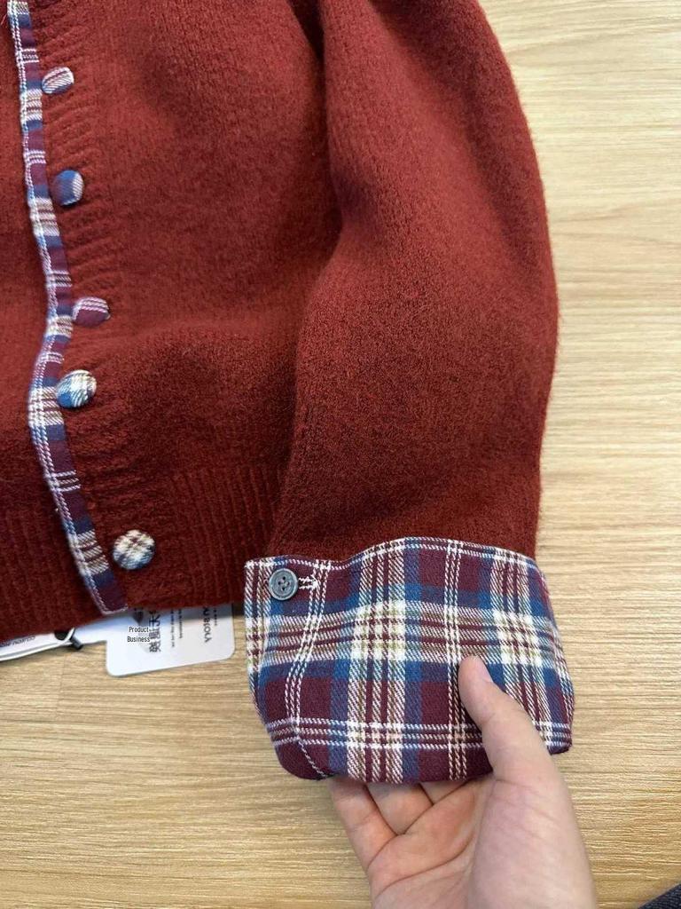 Korean-Style Patchwork Plaid Sweater Cardigan, Round Neck, Loose Casual Fit, Autumn/Winter 2024