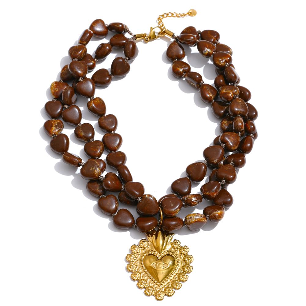 

Yhpup New Autumn Winter Layered Acrylic Beads Handmade Chain Heart Pendant Necklace Fashion Stainless Steel Statement Jewelry