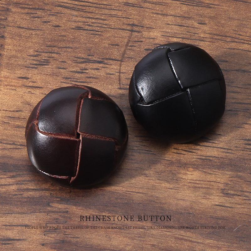 2pcs Hand-Woven Brown Leather Football Buttons, High-End Suit, Coat, Trench Coat, Black Button Buttons