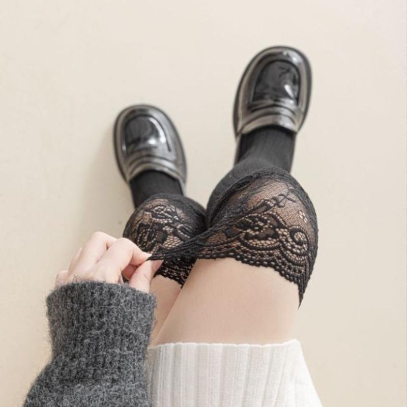 Long Thigh-high Socks for Spring and Autumn, Women's Lolita Black and White Lace Calf Socks, Lace Long Socks