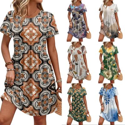 Casual Short Sleeve Floral Print Dress with Round Neck Waist Tie and Pockets Comfortable Everyday Wear for Women