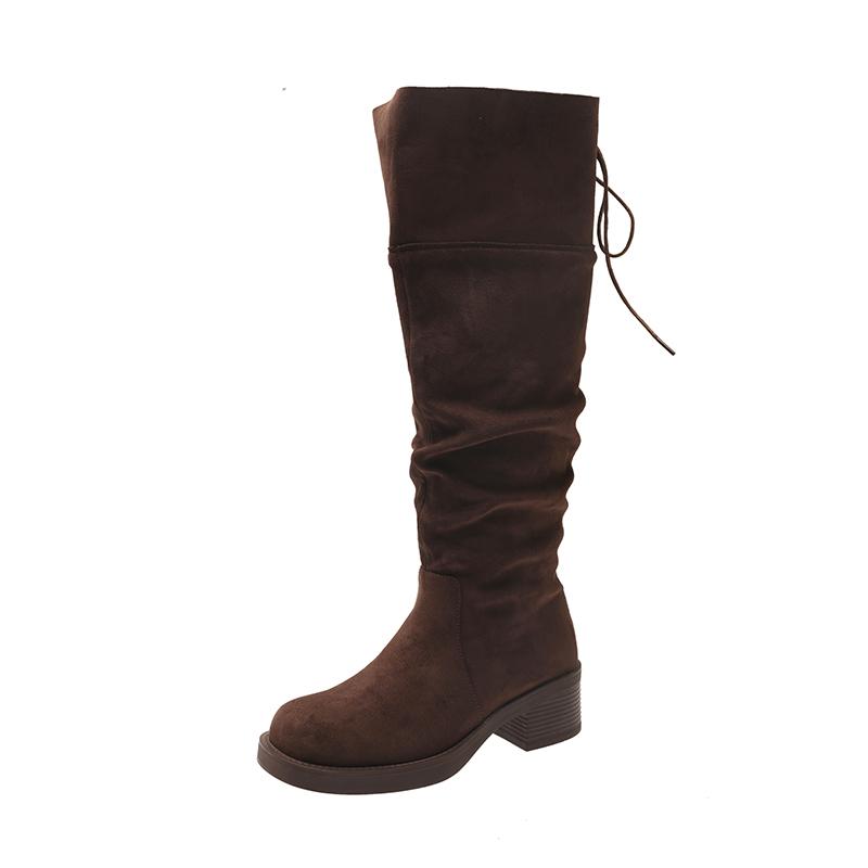 Knee High Boots Women's Fashion Round Toe Suede Sleeve Soft Sole Anti-slip Wear-resistant Block Heel Shoes