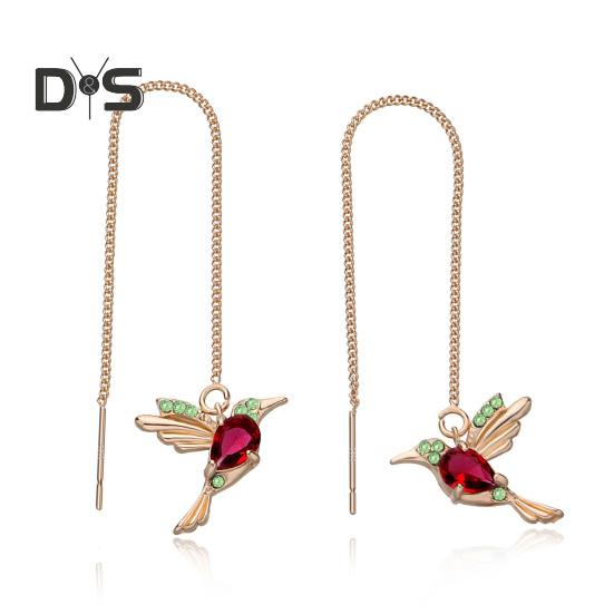 

1 пара женских сережек со стразами, подвеска в виде колибри, висячие серьги, элегантные длинные серьги с кисточками красный