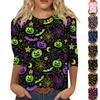 Women's Halloween Print V Neck Three Quarter Sleeve Casual Top Lightweight Comfortable Fit Seasonal Shirt for Fall and Everyday Wear