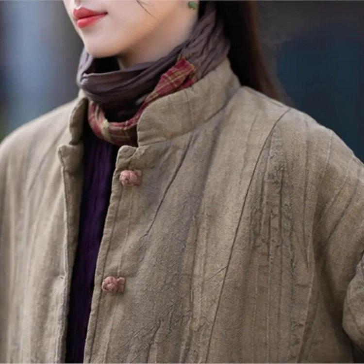 Chinesischer Stil Vintage Damen Parkas Warme Plus Size Baumwollmäntel Langarm Stehkragen Knopfleiste Hochwertige Winterjacke
