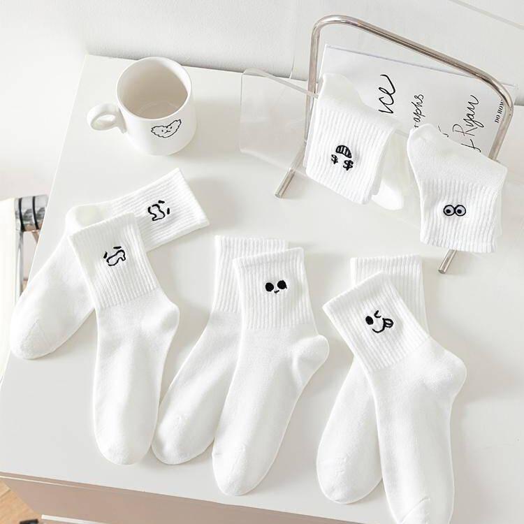 5 Par Damstrumpor med Tecknat Mönster Rund Hals Mellanlångt Skaft Trendiga Söta Uttrycksmönstrade Strumpor Casual Andningsbara Höst Flickstrumpor