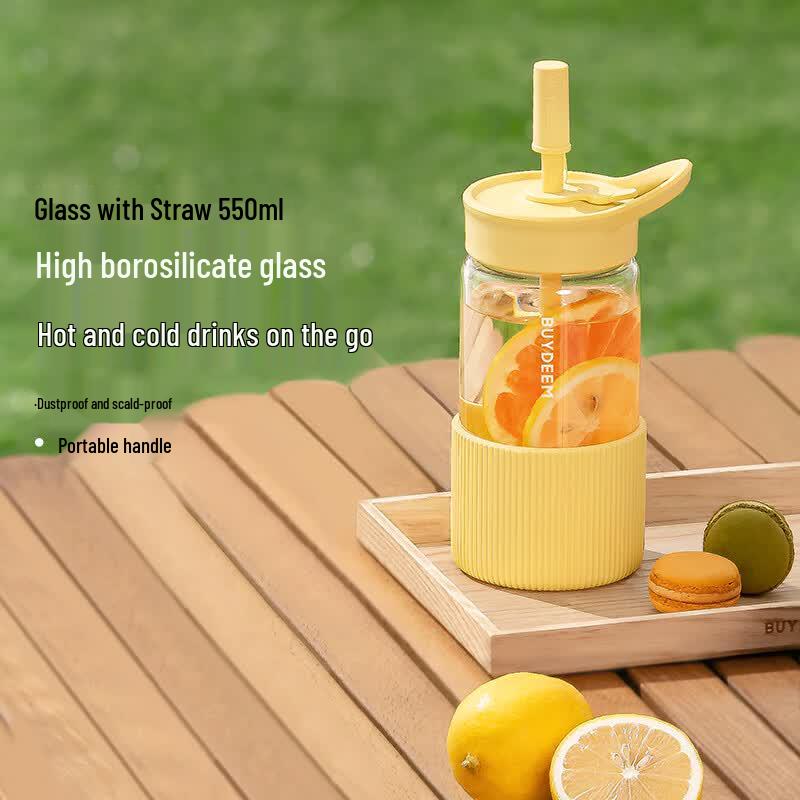 Buydeem Portable Glass Water Bottle with Straw