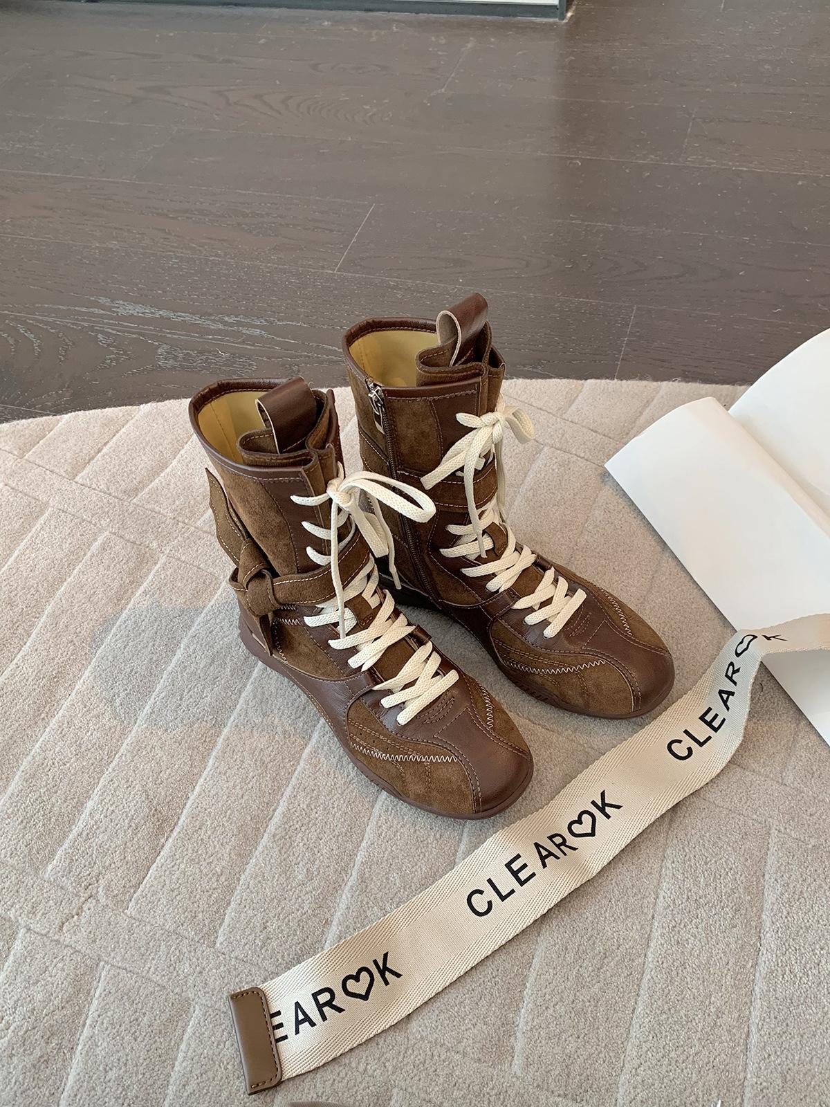 

Grape mother same retro round head color matching strap side zipper hunting outfit Dexun Martin boots fashionable versatile boxing boots 40 коричневый