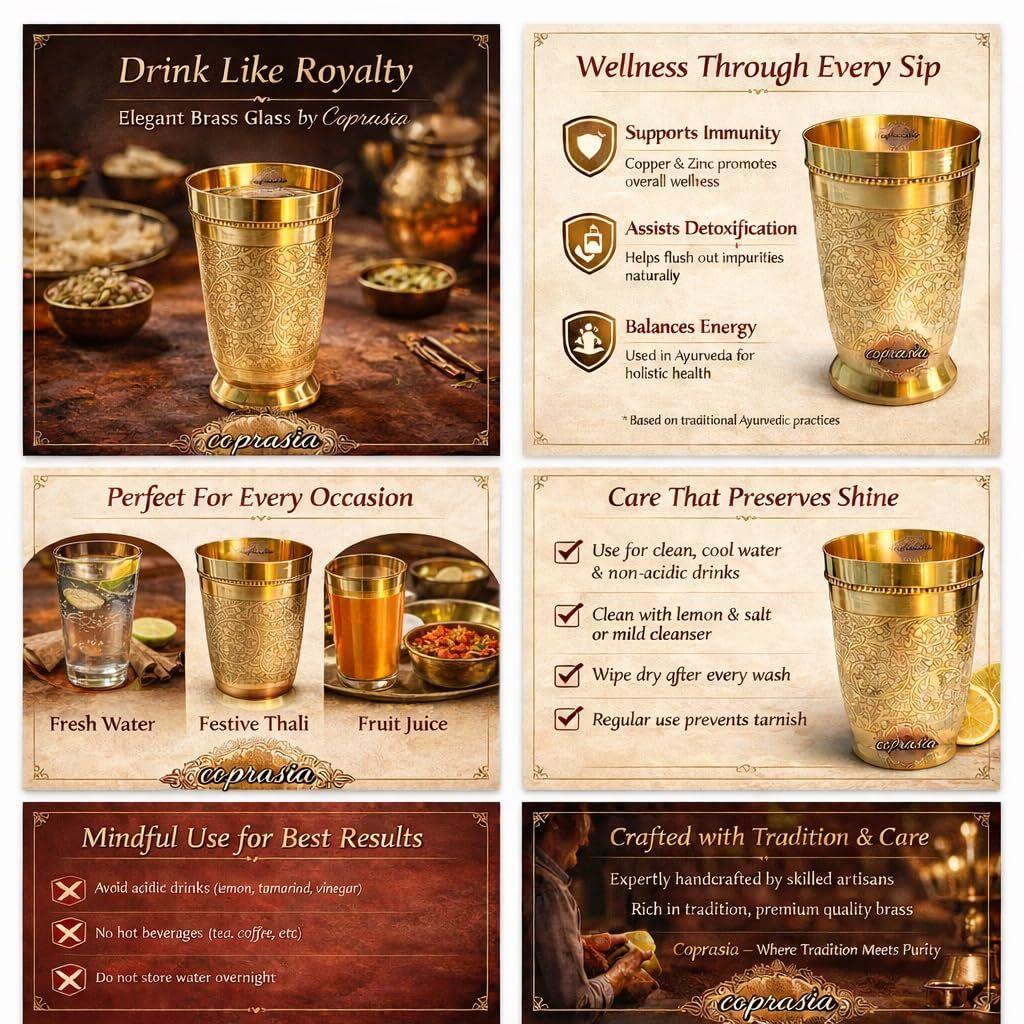 Brass Dining Glass | Drinking Brass Tumbler with Embossed Design | 300 ml Peetal Glass for Daily Use