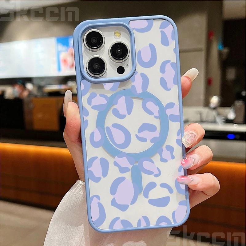 Leopard Print Clear Phone Case For iPhone 16 15 14 13 12 11 Pro Max Plus XS XR 16E Matte Magnetic Wireless Charge Cover