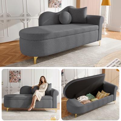 Chaise Longue with Storage, 134 Cm, Wave-shaped Backrest, Lambswool-look Fabric, High-density Seat Cushion, Incl. Lumbar Cushion + Neck Cushion