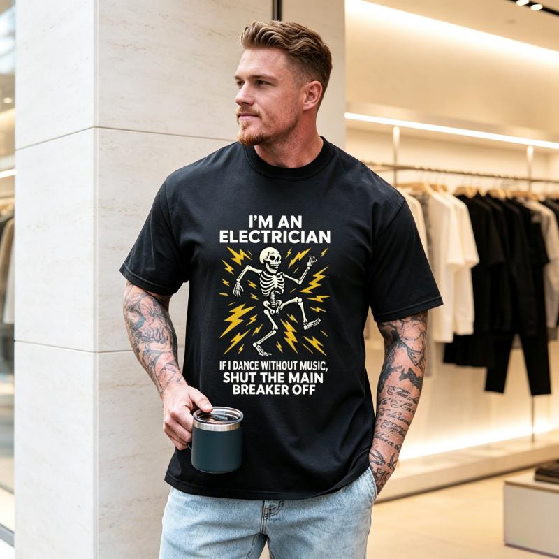 Funny Electrician Print Unisex Tee Shirt Dancing Skeleton Electrician Graphic Top,oversize Tshirt,Daily Casual Streetwear Gifts