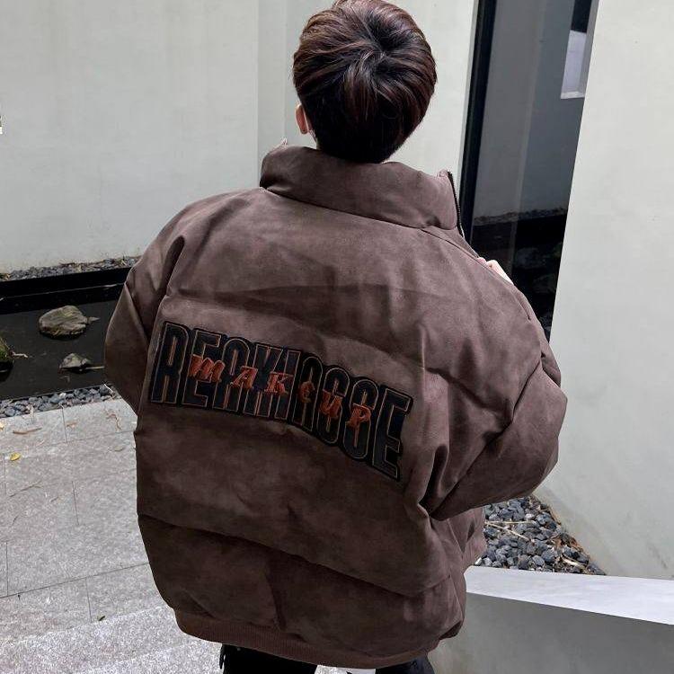 Retro Embroidered PU Leather Oversized Down Jacket for Men & Women - Winter Outerwear Trend