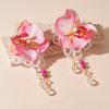 Super Fairy Sweet Fabric Flower Imitation Pearl Artificial Crystal Silver Needle Earrings Personality Niche Temperament High-end Earrings Women