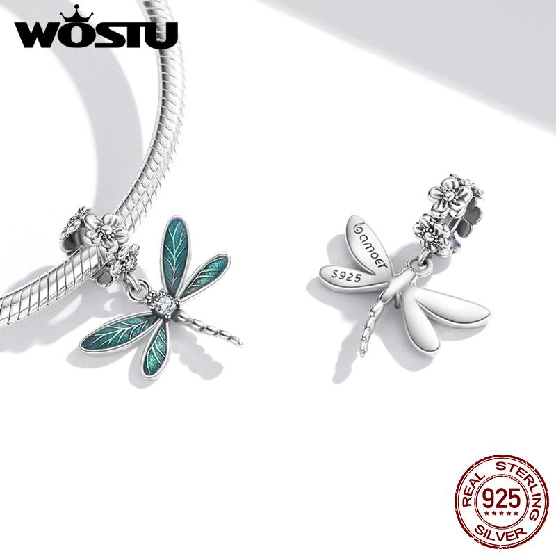 WOSTU 2021 925 Sterling Silver Flower Gorgeous Dragonfly Insect Pendant Charm Beads Fit Original Bracelet DIY Jewelry CTC521