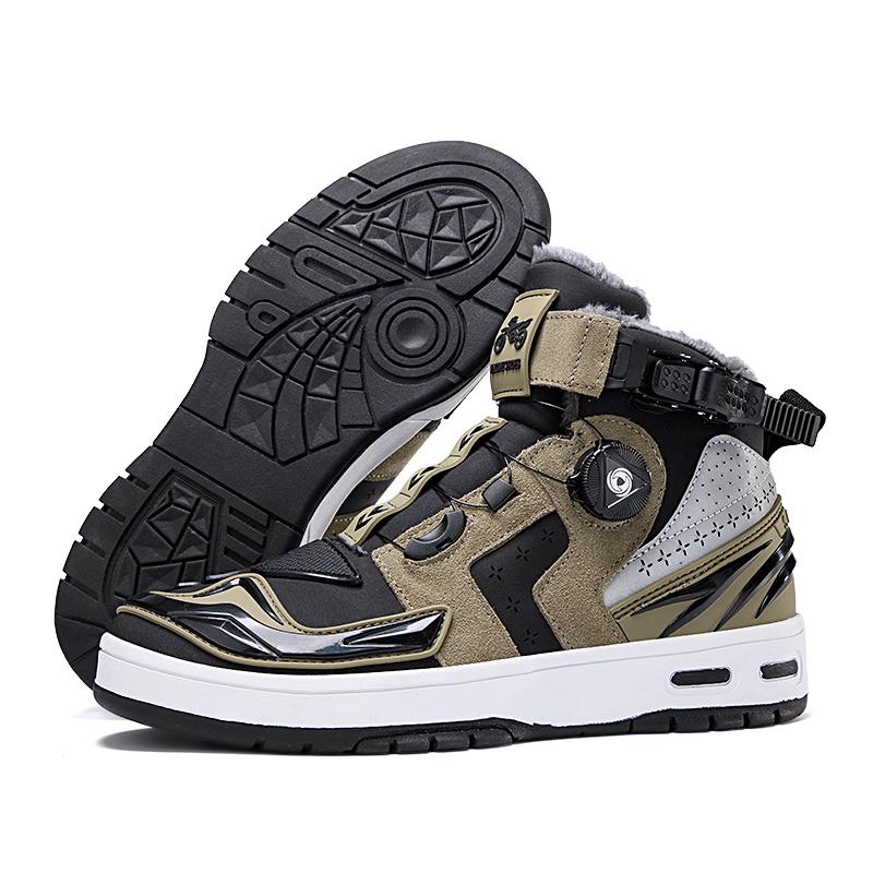 Autumn/Winter UNISEX Plus Velvet Motorcycle Boots Large Size Rotating Buttons Deoxy Leather Anti -sliding Collision Ride Boots Sneaker for Men