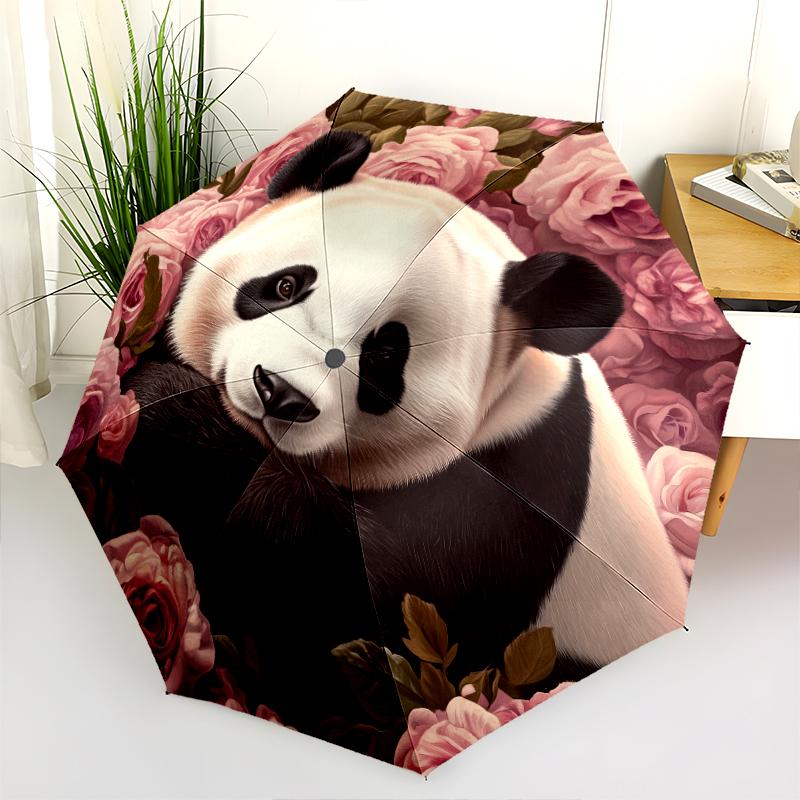 Panda and Rose Pattern, Automatic Folding Umbrella, Portable and Foldable Design, 8 Ribs, a Christmas or Birthday Gift.