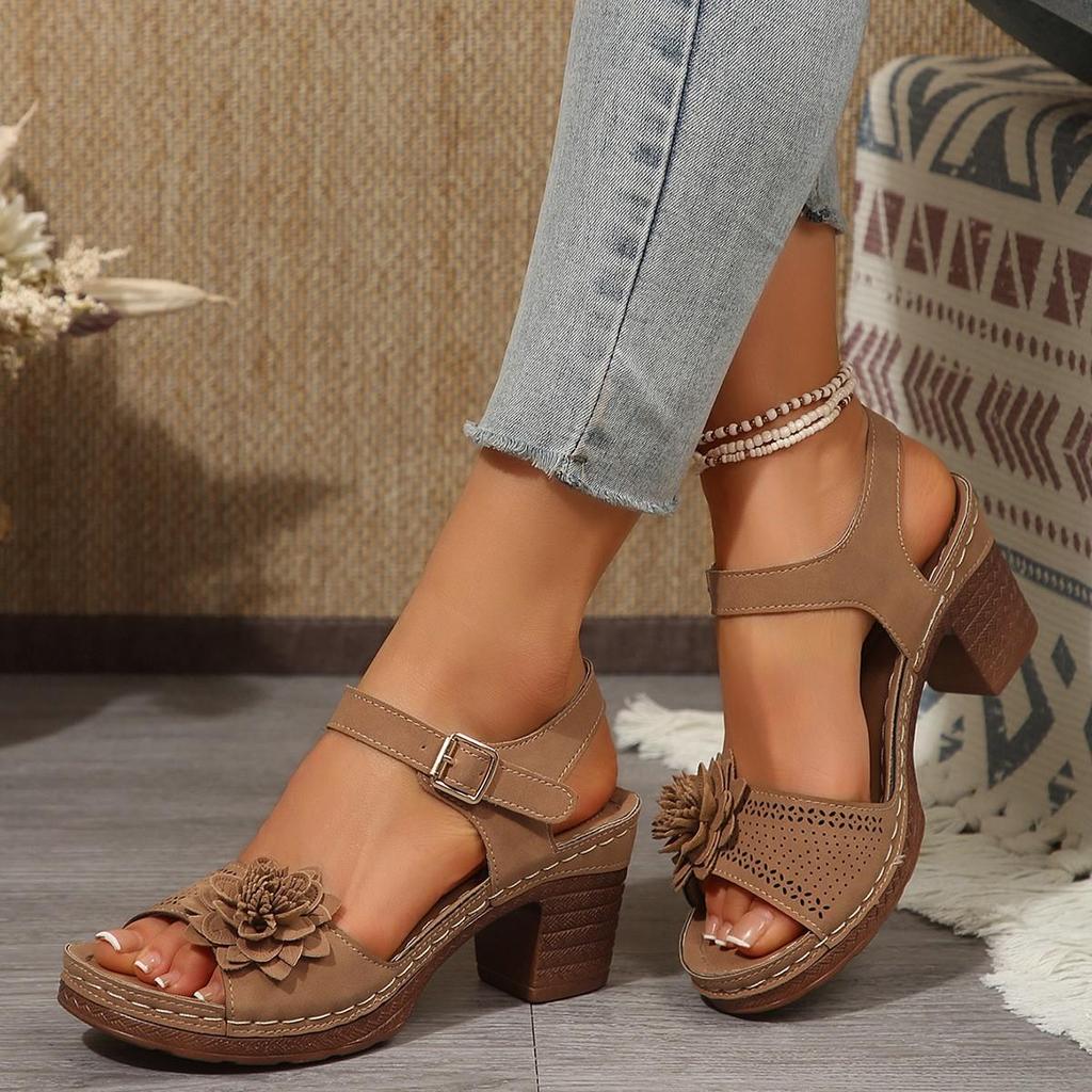 Women Chunky Heel Floral Sandals Ladies Comfortable Shoes Open Toe Buckle Shoes Women Footwear
