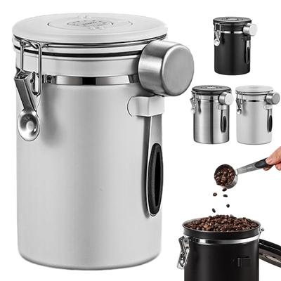 Airtight Coffee Canister, Stainless Steel Food Storage Container, Round, Large Capacity, Airtight Container with Measuring Spoon, Date Display,