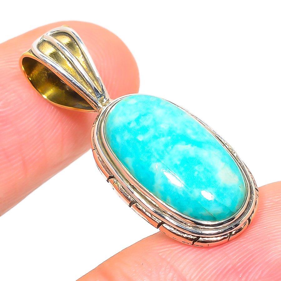 Natural Amazonite Gemstone Two Tone 925 Solid Sterling Silver Pendant 1.30" p1q93